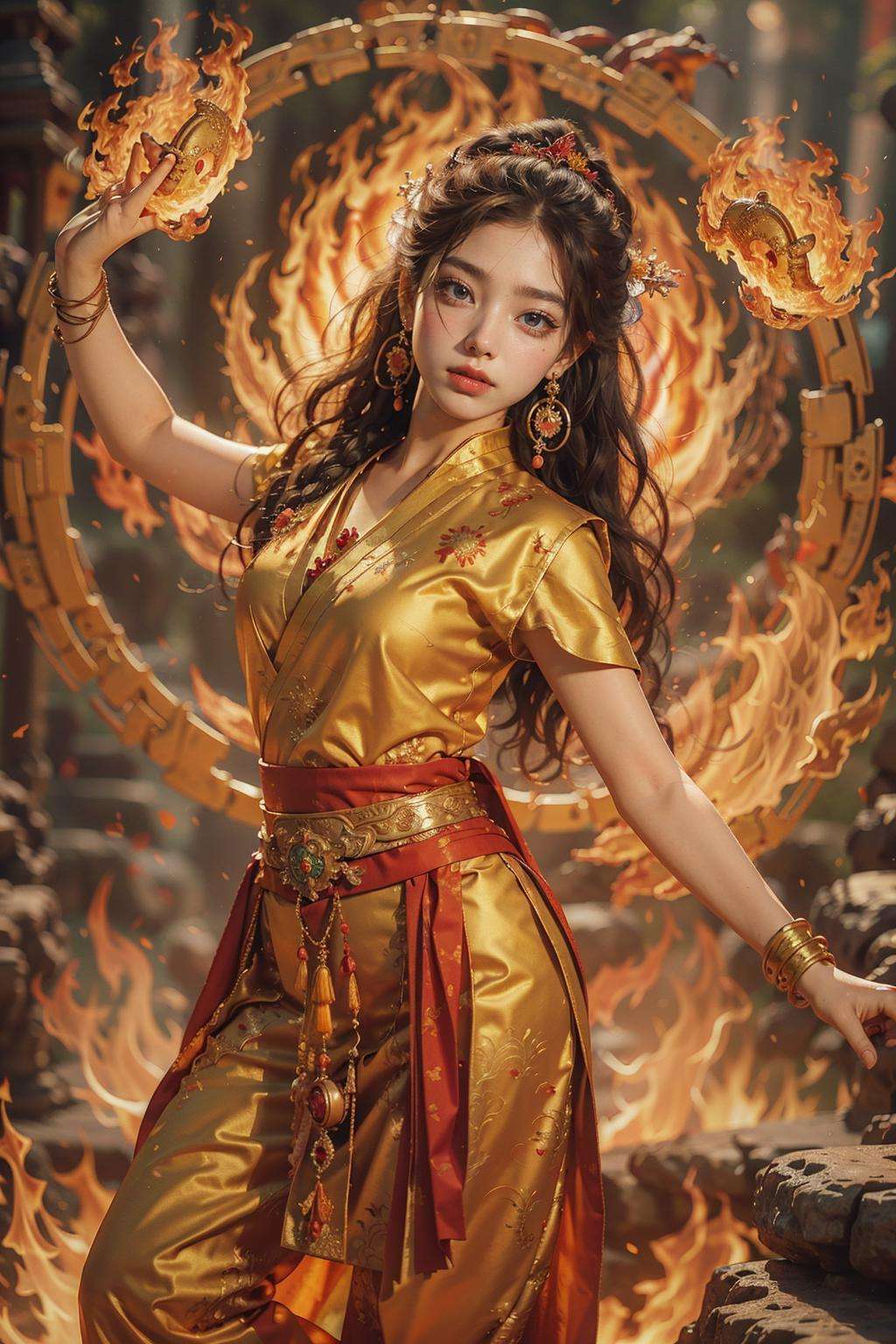 Best quality,masterpiece,ultra high res,1girl,beautiful_face,detailed skin,yuhuoshu,jewelry,solo,earrings,(fire:1.3),blurry,realistic,lips,arms behind back,chinese zen,<lora:御火-000006:0.8>,(Giant Flame Circle:1.2),(Full of flame energy:1.2),full body, 