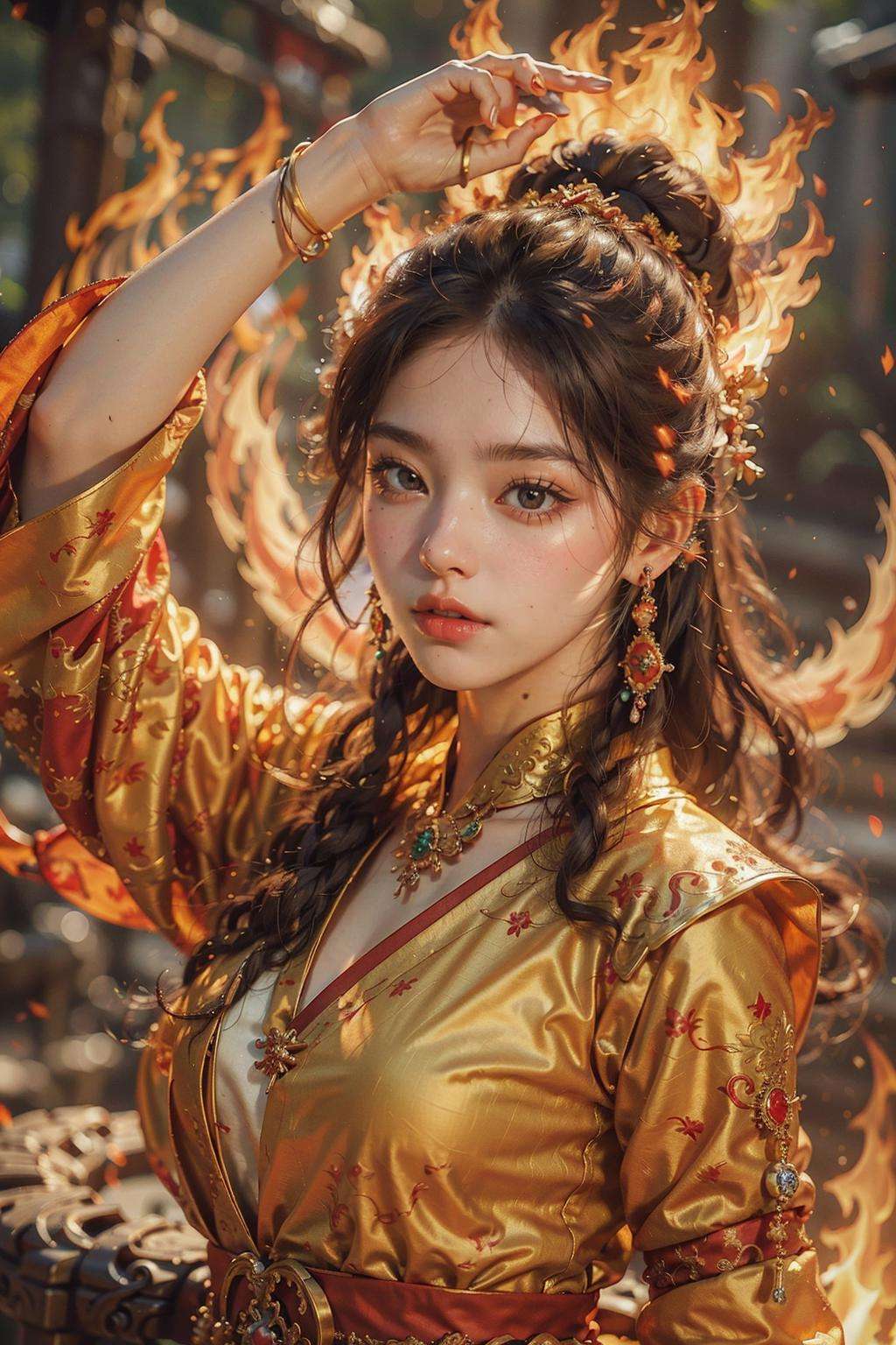 Best quality,masterpiece,ultra high res,1girl,beautiful_face,detailed skin,yuhuoshu,jewelry,solo,earrings,(fire:1.3),blurry,realistic,lips,arms behind head,chinese zen,<lora:御火-000006:0.8>,(Giant Flame Circle:1.2),(Full of flame energy:1.2),