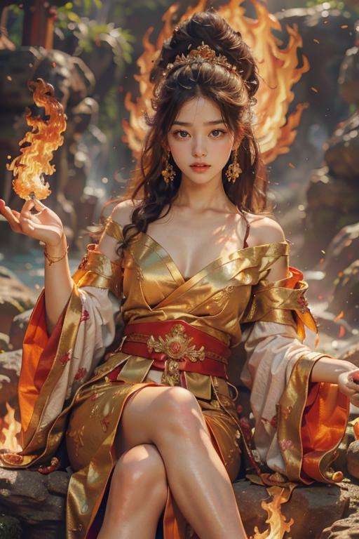Best quality,masterpiece,ultra high res,1girl,beautiful_face,detailed skin,yuhuoshu,jewelry,solo,earrings,(fire:1.3),blurry,realistic,lips,crossed legs,chinese zen,<lora:御火-000006:0.8>,Giant Flame Circle,Full of flame energy,