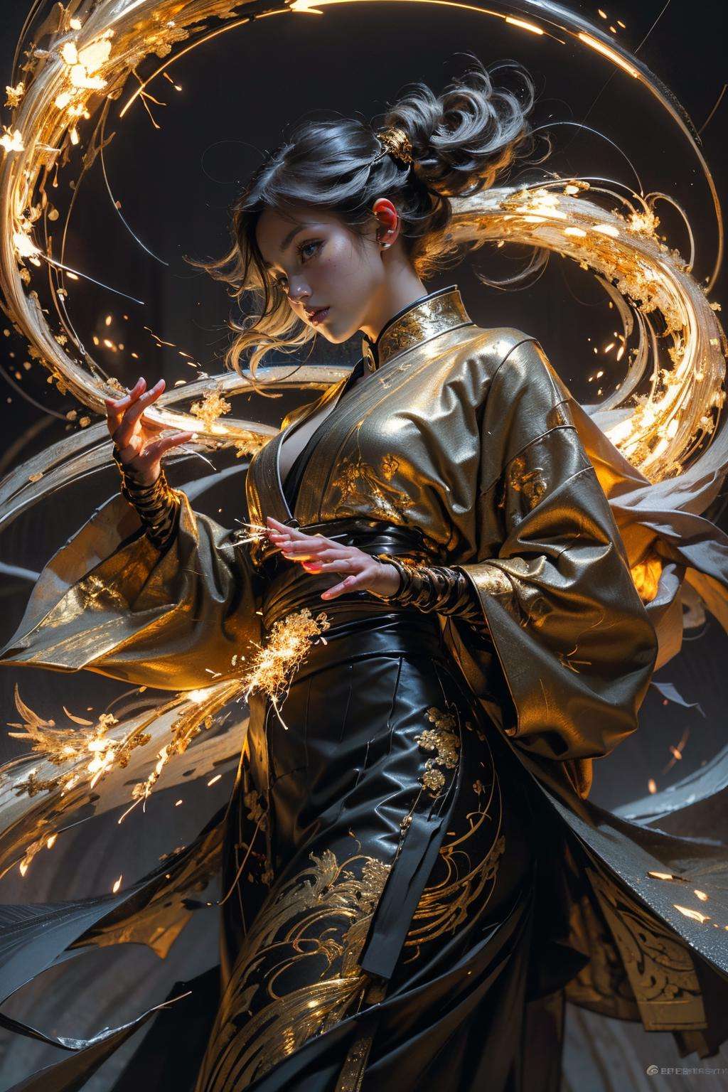 Best quality,masterpiece,ultra high res,solo,<lora:roujinzhi:0.8>1girl, ,roujinzhi,Chinese Zen style,impactful picture,translucent and glowing metallic patterns,(glowing metal objects hovering in the air and surrounding him:1.2),(Electric arcs and sparks:1.2),(flow of energy:1.2),(translucent magnetic lines:1.2),(golden silver grey and shimmering light effects:1.2),