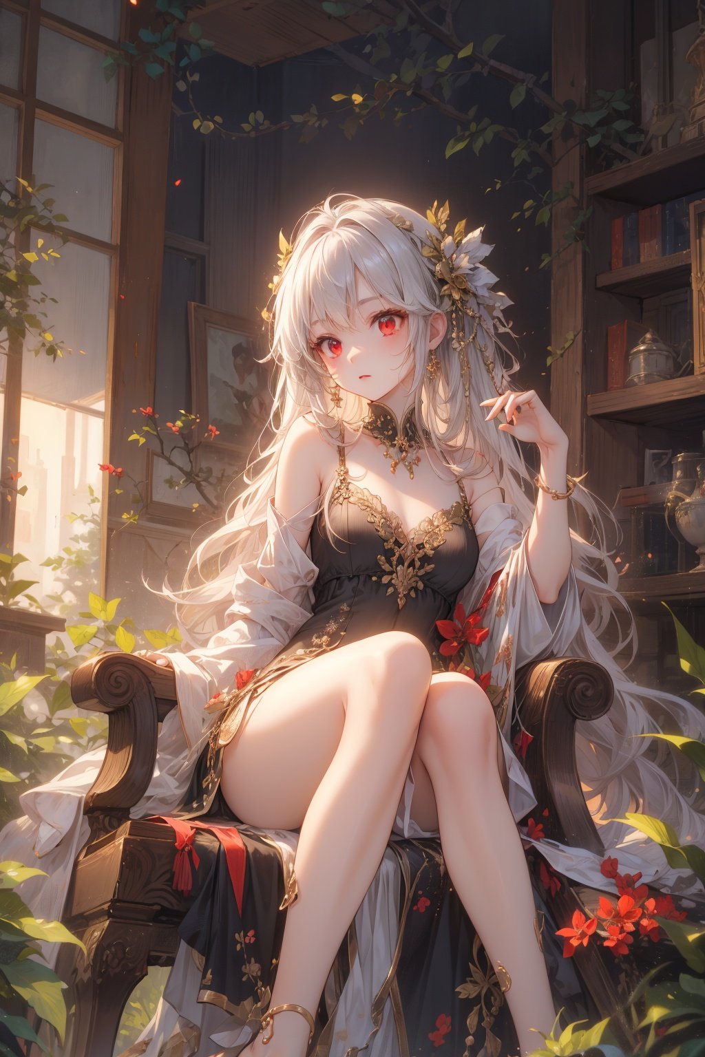 Medium view, girl focus, a girl, sitting sideways on a luxurious chair, hand supporting chin, looking out of the camera, red eyes, detailed engraved picture part, delicate and beautiful face, exotic, mysterious forest, high detail red eyes, wind, wind blowing hair, windward, high detail hair, aristocratic clothing, fluff, golden feathers, epic, masterpiece, wooden, old, golden hair,1girl