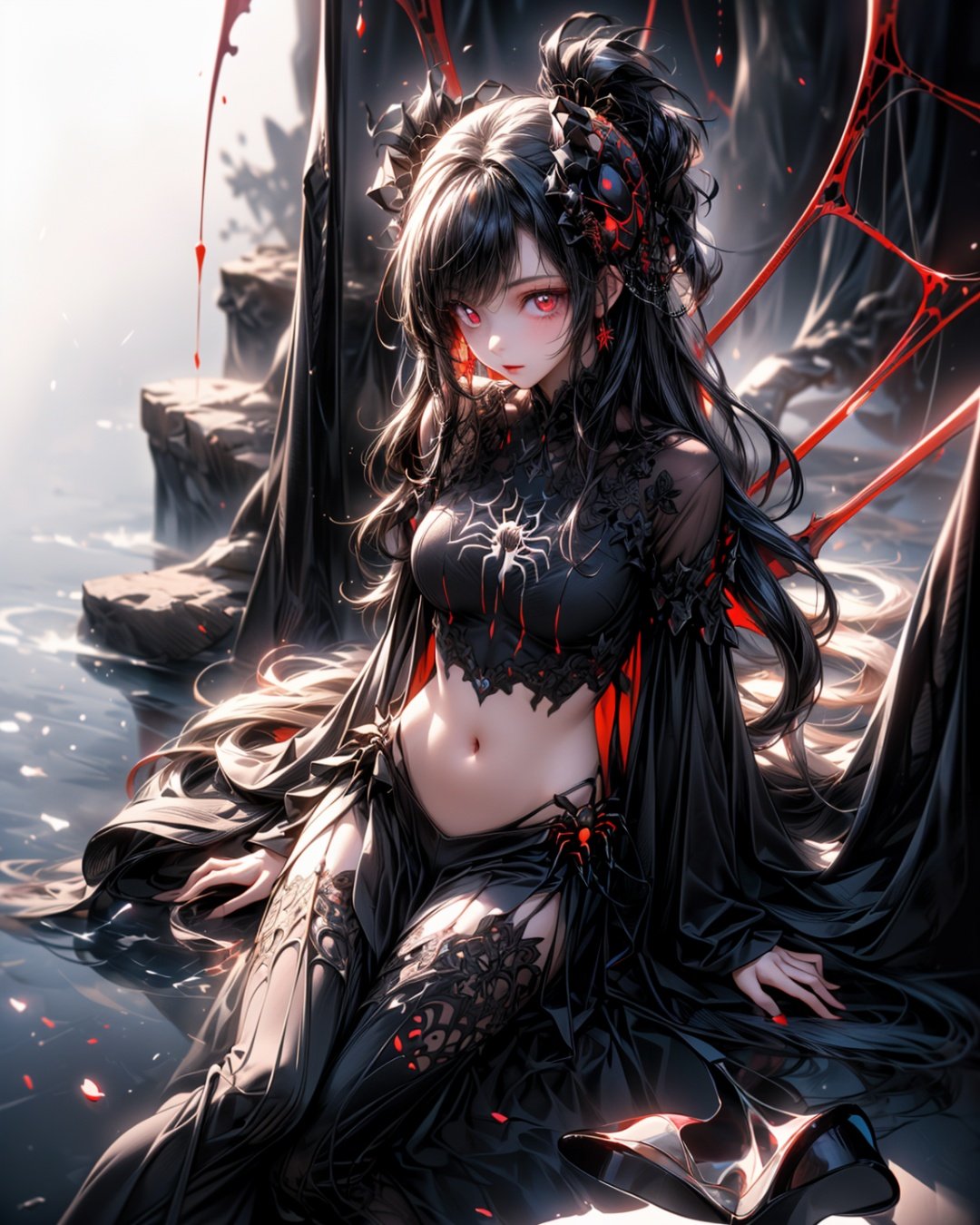 (masterpiece:1.3), (girl sitting in transparent spider abdomen:1.5), (dark cave, dark background:1.4), fluorescent, intricate, full body,surreal,breathtaking,incredible,(best quality),(ultra-detailed, high resolution, extremely detailed),yuzu,1 girl,red eye, 