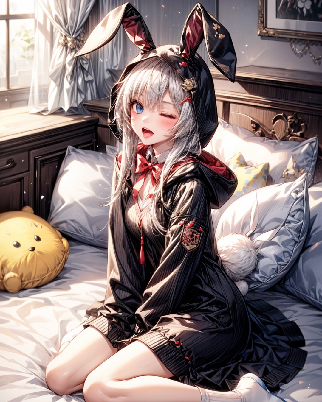 1girl,blue eyes,stuffed toy,one eye closed,animal ears,stuffed animal,yawning,rabbit ears,open mouth,long hair,hood,solo,virtual youtuber,sitting,tail,ribbon,stuffed bunny,bed,white hair,pillow,socks,dress,hair ornament,animal hood,bow,