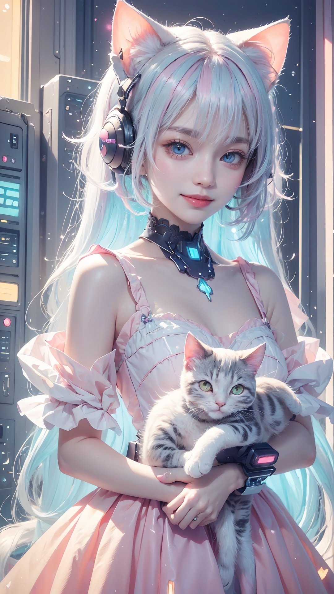 kawaiitech,pastel color,kawaii,cute colors,scifi,pink,scholar,scroll,1girl,long hair,pale skin,white hair,glowing eyes,smile,cat ears,pastel colors,pale color,hair ornament,short hair,white hair,upper body,(holding a cat),animal ear fluff,pink hair,sparkle,centered,balance,glowing love,masterpiece,best quality,official art,romantic setting,dreamy pastel color palette,whimsical details,<lora:KawaiiTech-20:1>, <lora:超写实朋克cyberpunk_v1:0.5>cyberpunk