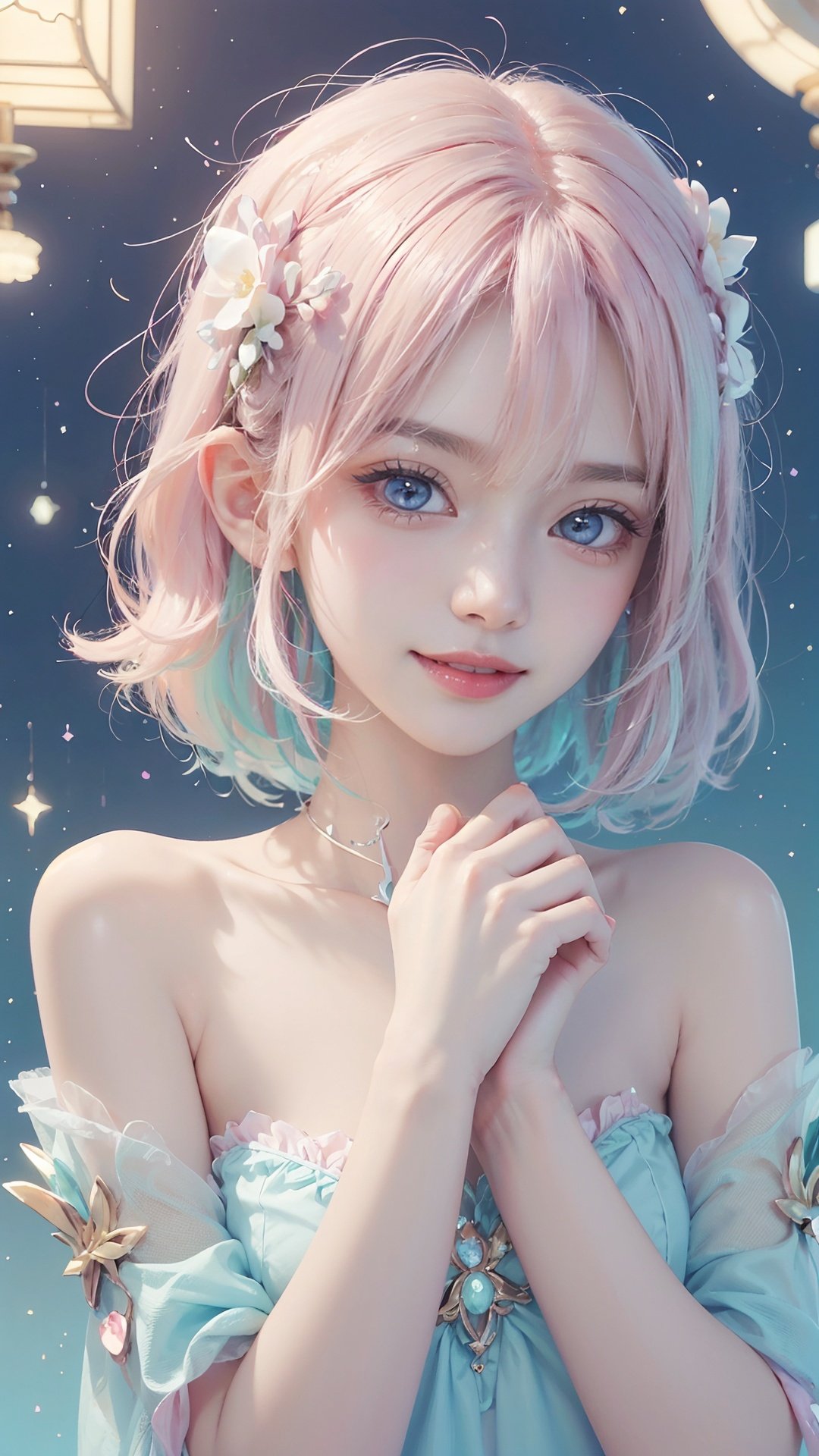 masterpiece,best quality,official art,((portrait of the most beautiful form of chaos)),kawaiitech,pastel color,kawaii,scifi,pink,scholar,scroll,1girl,pale skin,glowing eyes,smile,pastel colors,pale color,hair ornament,short hair,[white hair|pink hair],balance,glowing love,romantic setting,dreamy pastel color palette,whimsical details,(fractal art:1.3), <lora:KawaiiTech-20:1>