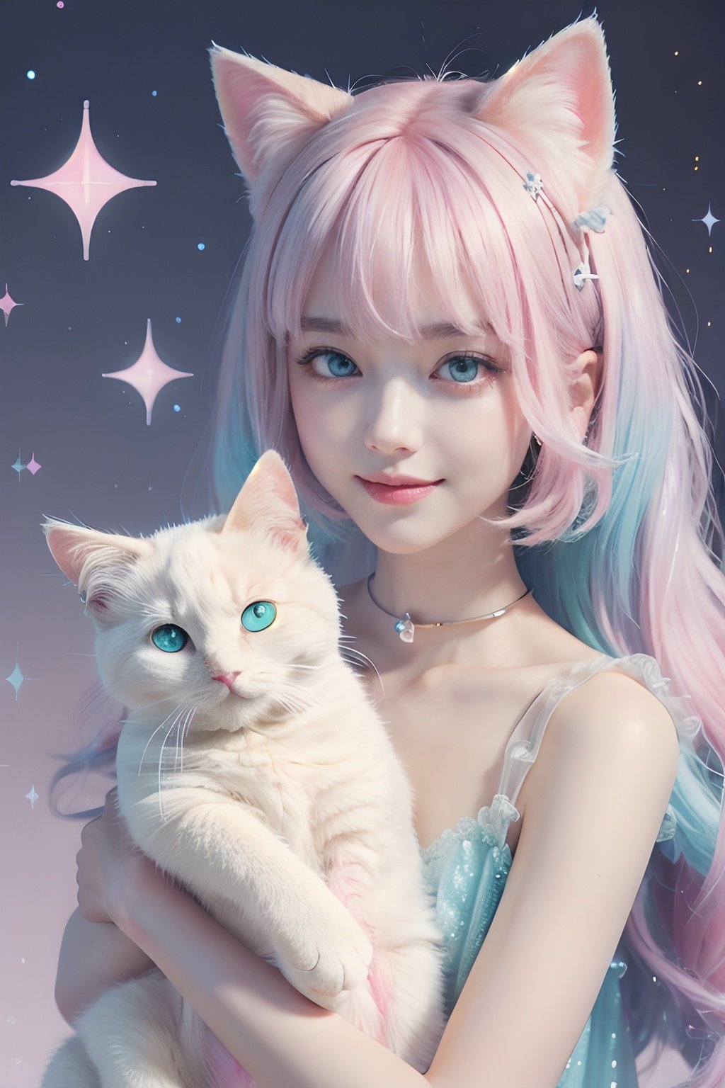 kawaiitech,pastel color,kawaii,cute colors,scifi,pink,scholar,scroll,1girl,long hair,pale skin,white hair,glowing eyes,smile,cat ears,pastel colors,pale color,hair ornament,short hair,white hair,upper body,holding a cat,animal ear fluff,pink hair,sparkle,centered,balance,glowing love,