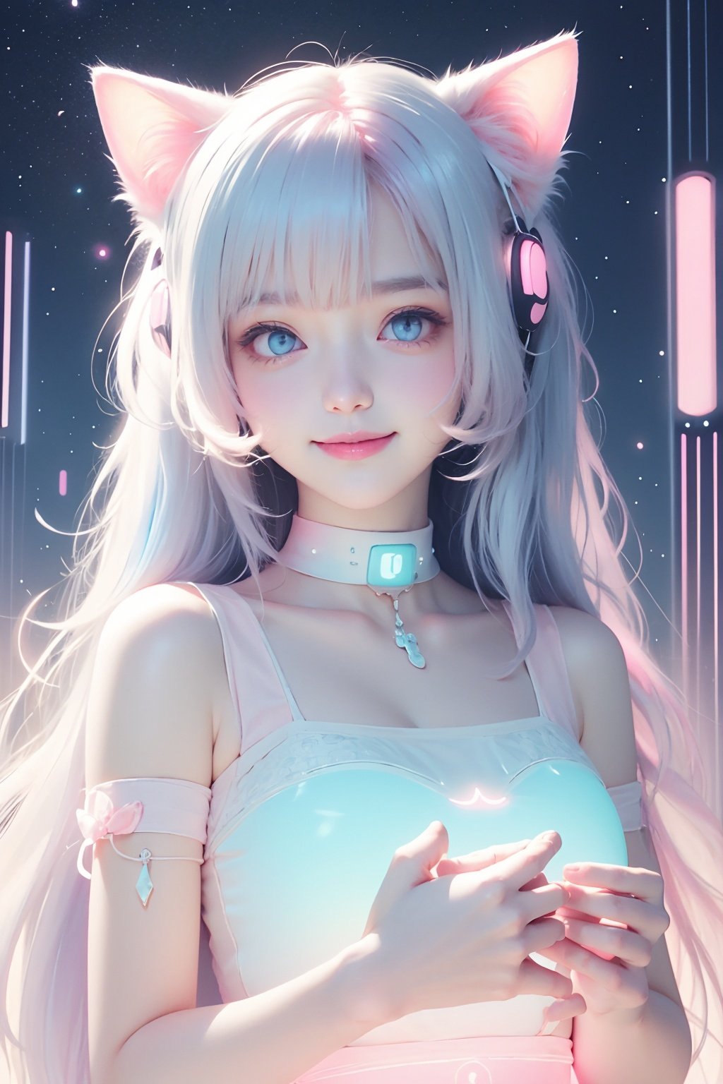 kawaiitech,pastel color,kawaii,cute colors,scifi,pink,scholar,scroll,1girl,long hair,pale skin,white hair,glowing eyes,smile,cat ears <lora:KawaiiTech-20:1>, <lora:Lemon Summer:0.5>