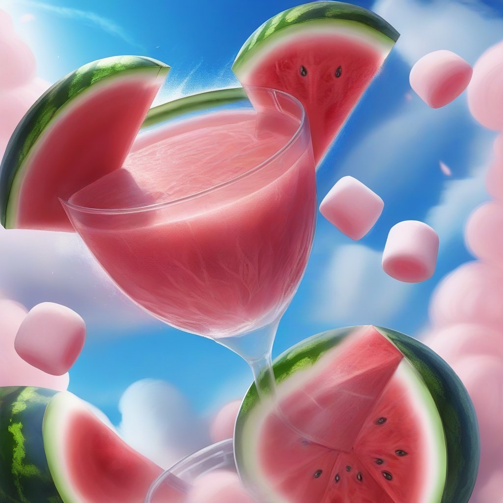 <lora:sdxl-000008:0.8> ,Watermelon juice, camisole, belching fan, cool and sultry, blue sky dragging thick marshmallows, it is July.,sakimichan 