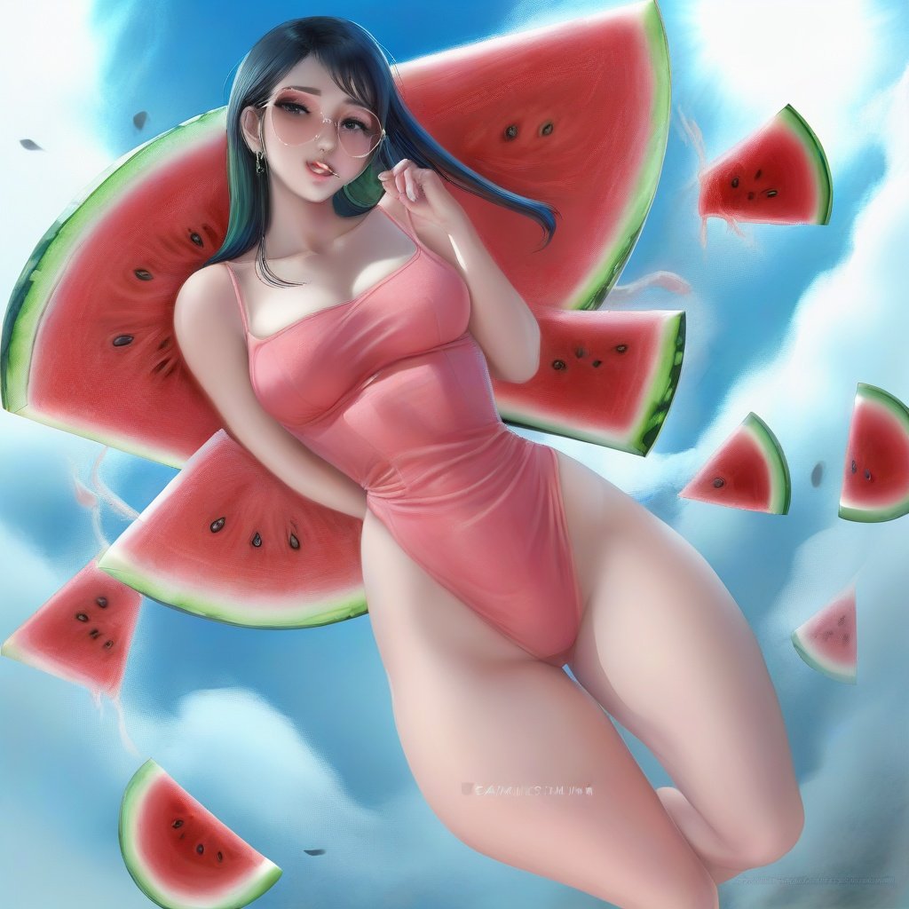 <lora:sdxl-000013:0.9> ,Watermelon juice, camisole, belching fan, cool and sultry, blue sky dragging thick marshmallows, it is July.,sakimichan 