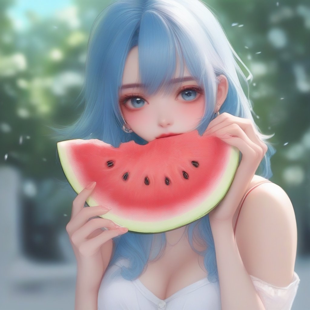 <lora:sdxllora-000001:0.2> ,Watermelon juice, camisole, belching fan, cool and sultry, blue sky dragging thick marshmallows, it is July.,sakimichan 
