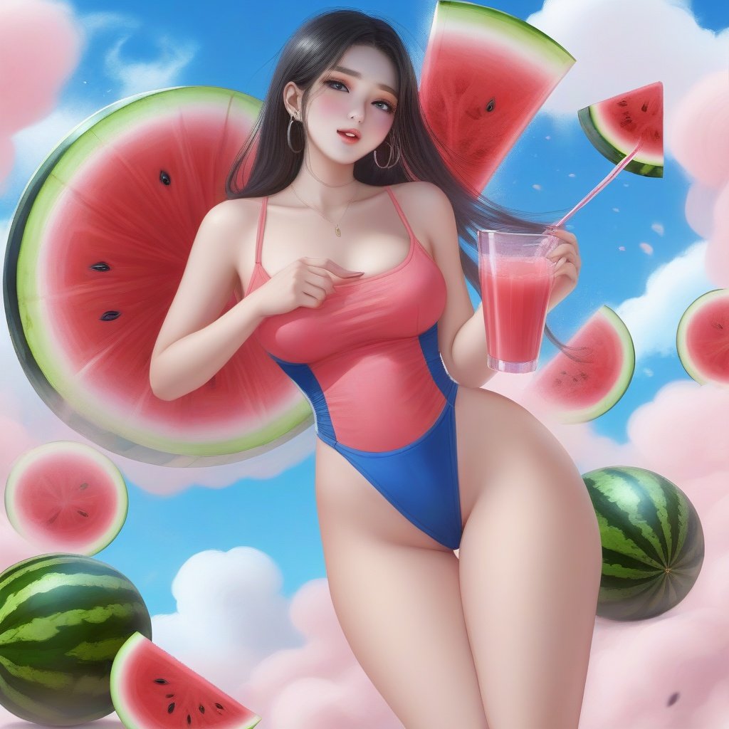<lora:sdxl-000014:0.5> ,Watermelon juice, camisole, belching fan, cool and sultry, blue sky dragging thick marshmallows, it is July.,sakimichan 