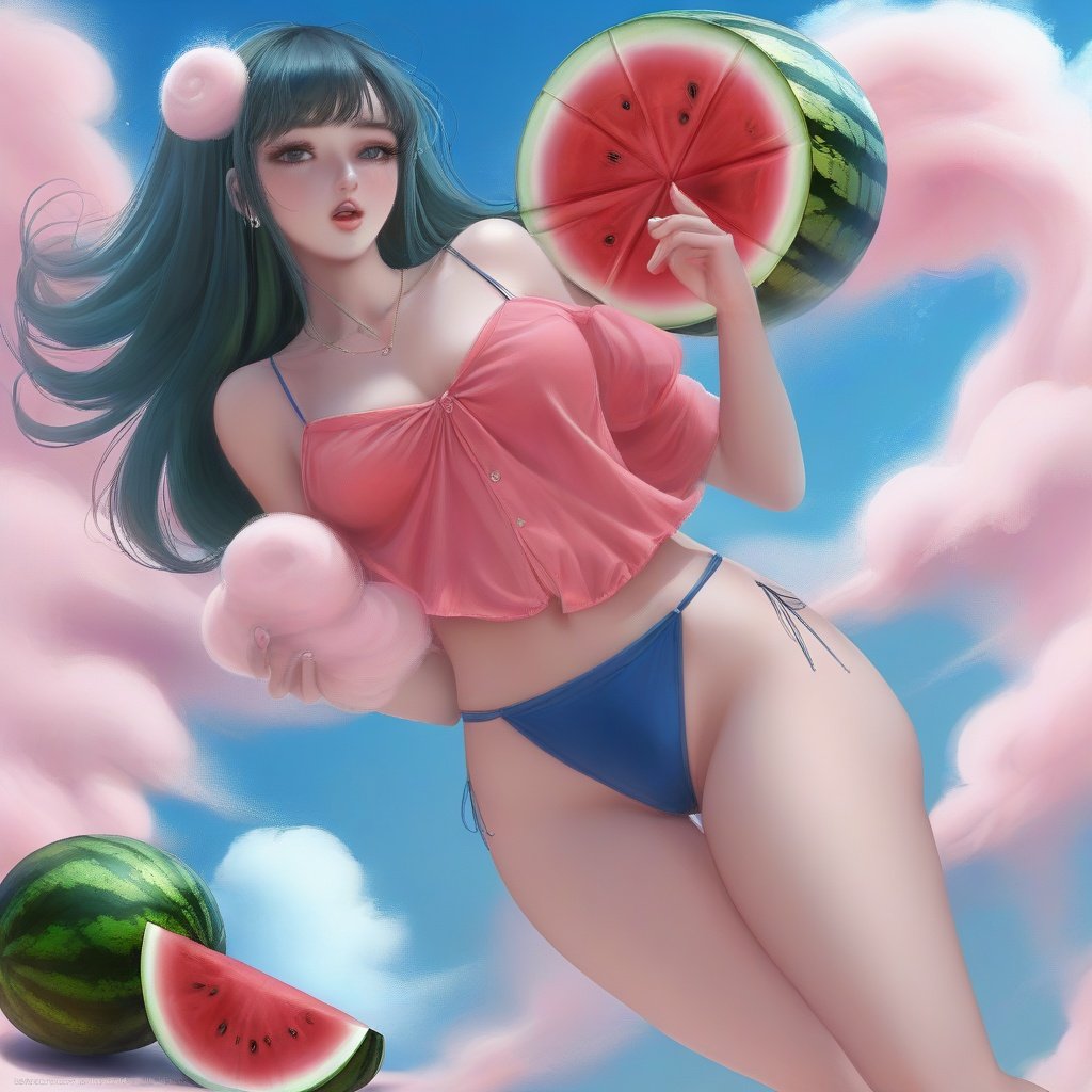 <lora:sdxl-000011:0.8> ,Watermelon juice, camisole, belching fan, cool and sultry, blue sky dragging thick marshmallows, it is July.,sakimichan 