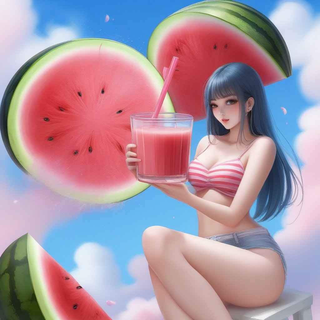 <lora:sdxl-000012:0.4> ,Watermelon juice, camisole, belching fan, cool and sultry, blue sky dragging thick marshmallows, it is July.,sakimichan 