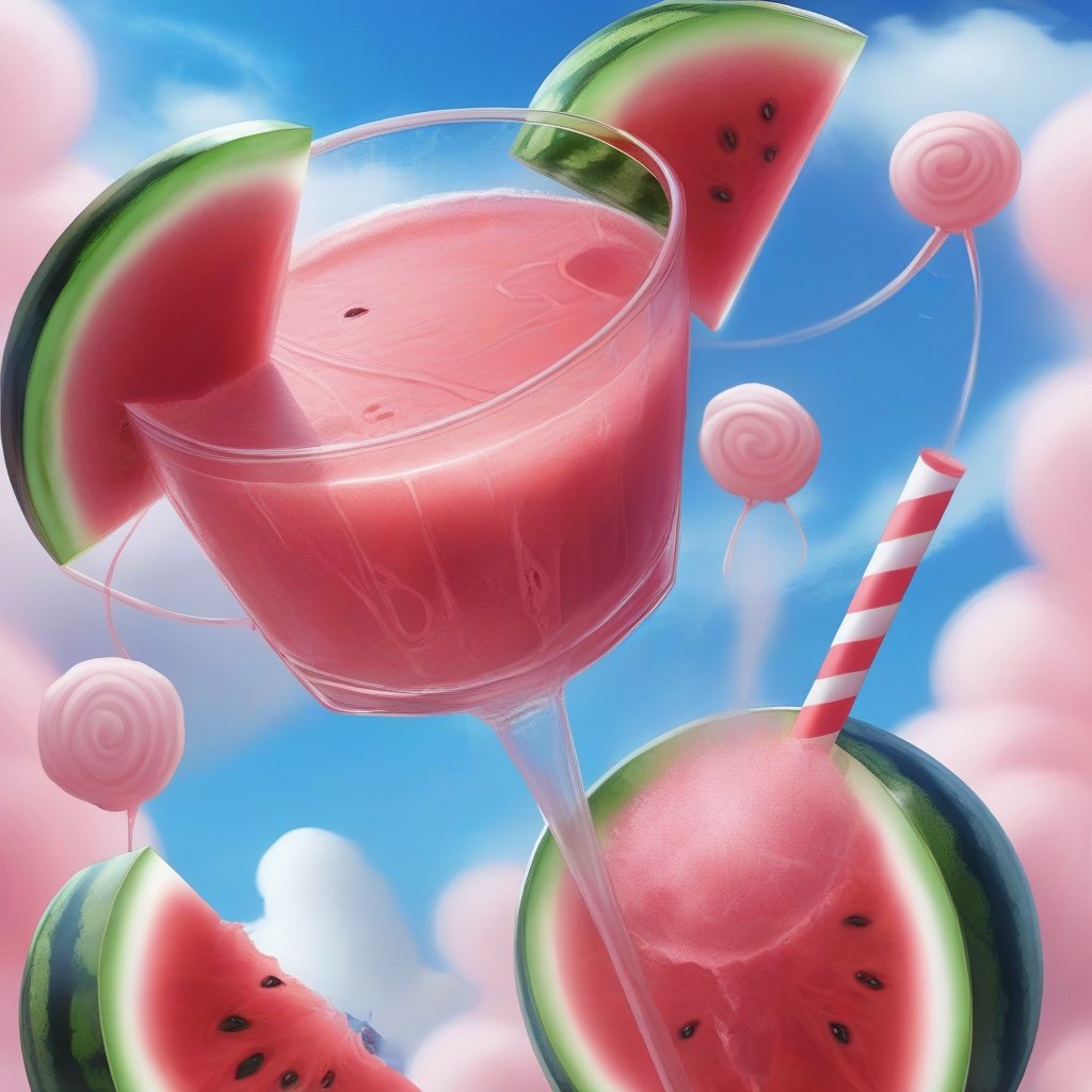 <lora:sdxl-000008:0.7> ,Watermelon juice, camisole, belching fan, cool and sultry, blue sky dragging thick marshmallows, it is July.,sakimichan 