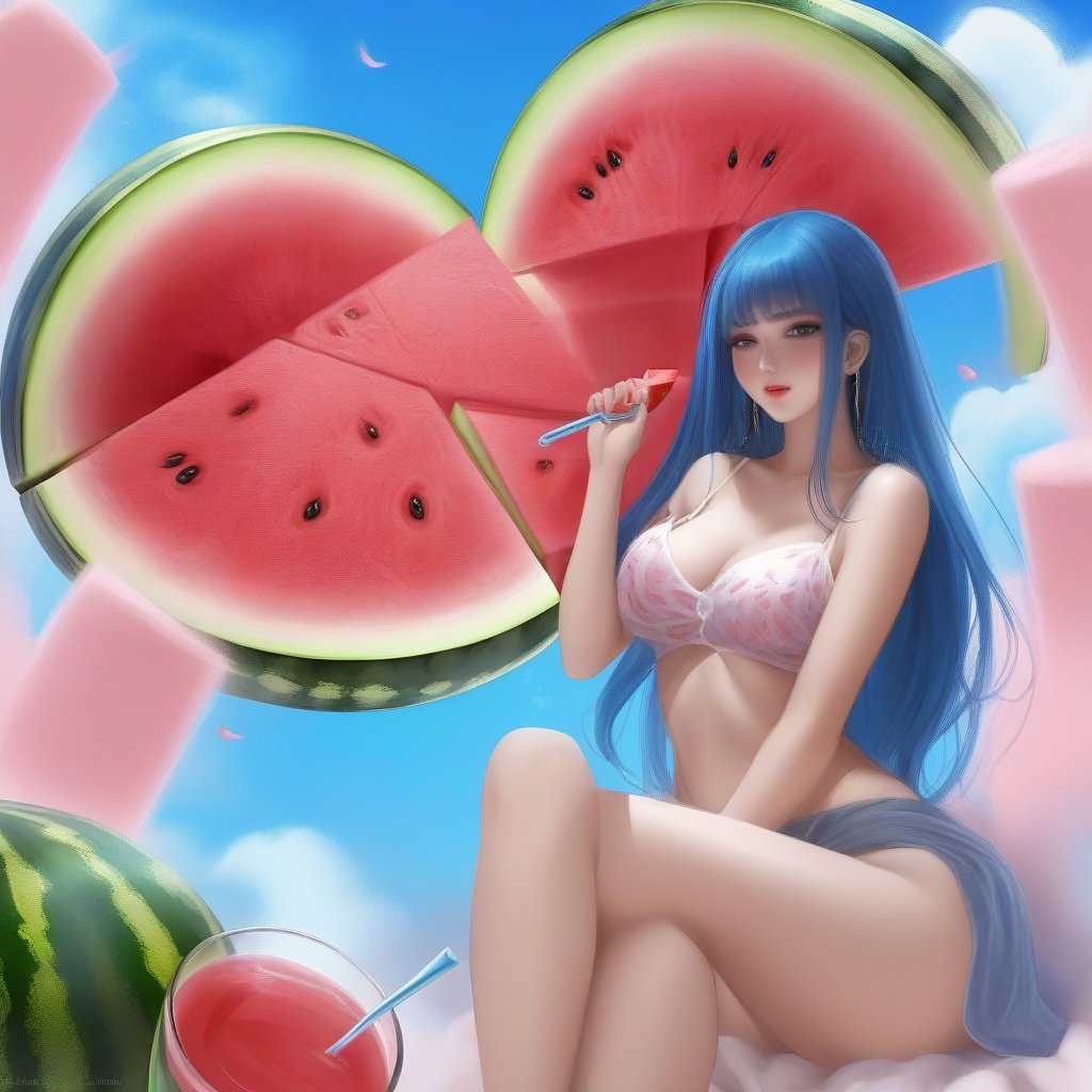 <lora:sdxl-000006:0.7> ,Watermelon juice, camisole, belching fan, cool and sultry, blue sky dragging thick marshmallows, it is July.,sakimichan 