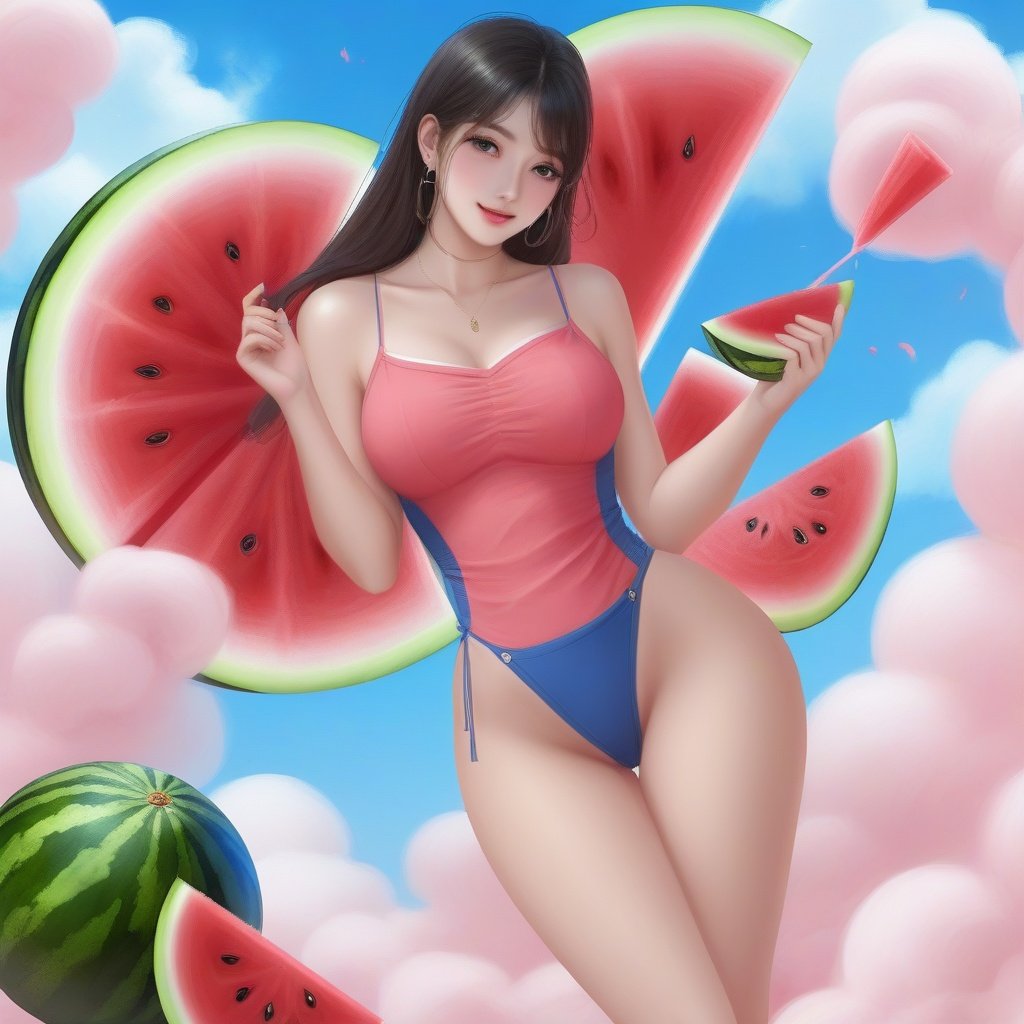 <lora:sdxl-000017:0.4> ,Watermelon juice, camisole, belching fan, cool and sultry, blue sky dragging thick marshmallows, it is July.,sakimichan 