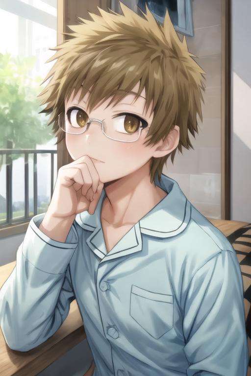 masterpiece, best quality, high quality, 1boy, solo, male focus, looking at viewer, upper body, , <lora:shuu_maiko:0.78>, shuu_maiko, brown hair, glasses, brown eyes, pajamas