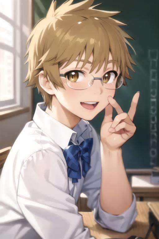 masterpiece, best quality, ultra-detailed, illustration, 1boy, solo, male focus, looking at viewer, , depth of field, <lora:shuu_maiko:0.70>, shuu_maiko, brown hair, glasses, brown eyes, school uniform