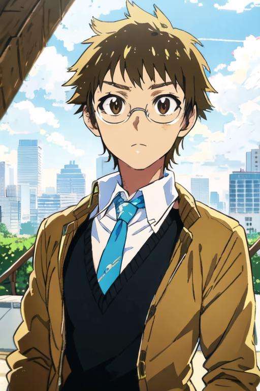 masterpiece, best quality, high quality, 1boy, solo, male focus, looking at viewer, upper body, , <lora:shuu_maiko:0.72>, shuu_maiko, brown hair, glasses, brown eyes, formal, necktie, dress shirt