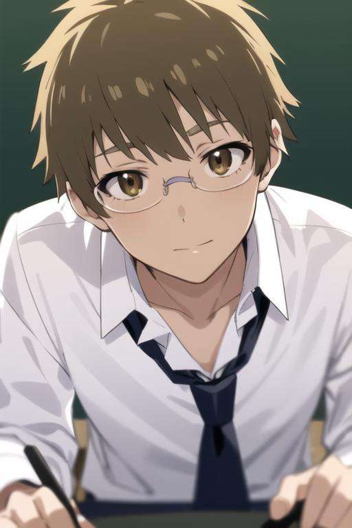 masterpiece, best quality, ultra-detailed, illustration, 1boy, solo, male focus, looking at viewer, , depth of field, <lora:shuu_maiko:0.74>, shuu_maiko, brown hair, glasses, brown eyes, formal, necktie, dress shirt