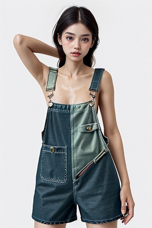 solo, 1girl, overalls, tan lines, tan, shorts, naked overalls,Masterpiece, best quality, high definition, ice and snow background,beautiful face, beautiful eyes, maiden, <lora:cheng-000007:0.7>