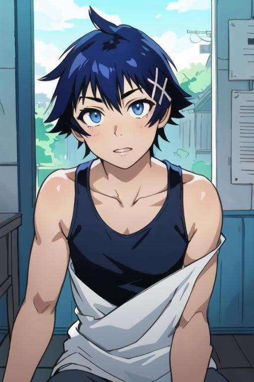 masterpiece, best quality, ultra-detailed, illustration, 1boy, solo, male focus, looking at viewer, , depth of field, <lora:raku_ichijou:0.76>, raku_ichijou, blue hair, blue eyes, hair ornament, tank top