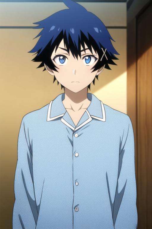 masterpiece, best quality, ultra-detailed, illustration, 1boy, solo, male focus, looking at viewer, upper body, depth of field, <lora:raku_ichijou:0.76>, raku_ichijou, blue hair, blue eyes, , pajamas