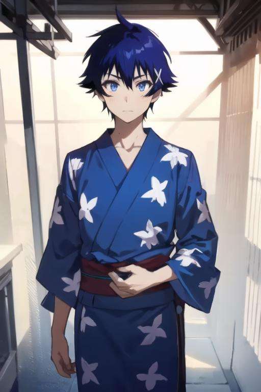 masterpiece, best quality, high quality, 1boy, solo, male focus, looking at viewer, , , <lora:raku_ichijou:0.70>, raku_ichijou, blue hair, blue eyes, , yukata