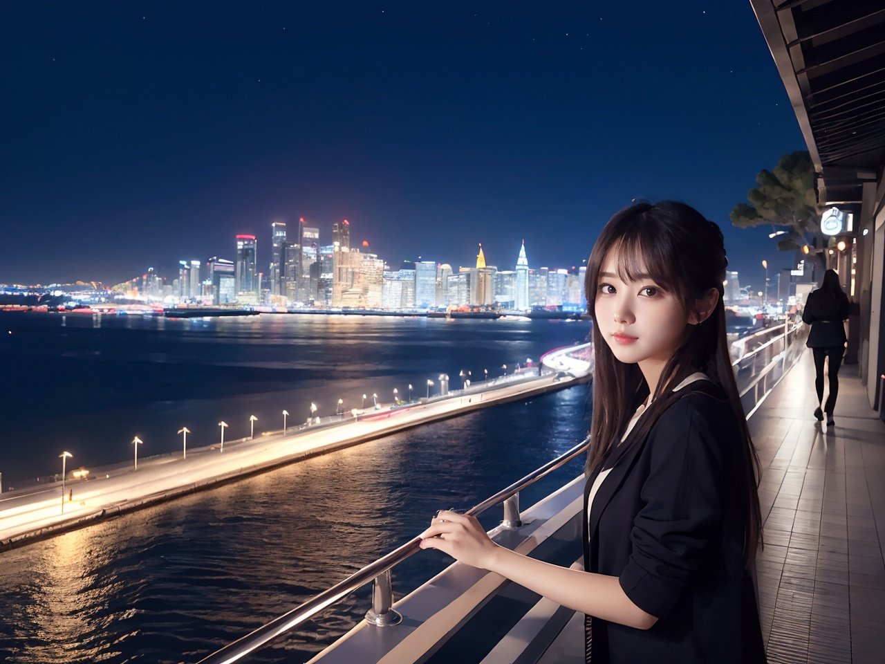 (best quality, masterpiece:1.2),ultra detailed,(photo realistic:1.4),(solo,cute girl:1.4),night_view_background,<lora:NightView_v1:0.2>,
