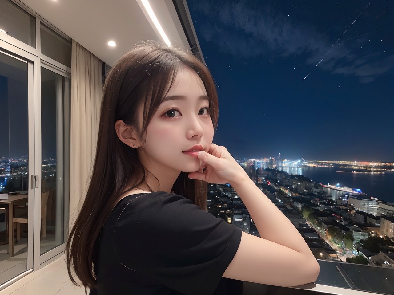 (best quality, masterpiece:1.2),ultra detailed,(photo realistic:1.4),(solo,cute girl:1.4),night_view_background,<lora:NightView_v1:0.2>,