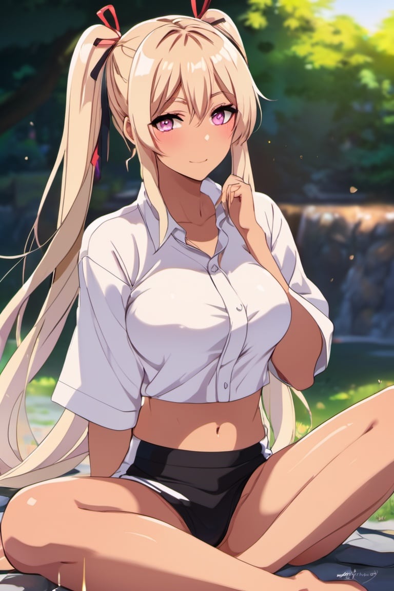 beautiful woman with bright blonde hair,dankini, twin braids, white shirt, full body, at a Japanese park, caucasian, dramatic lighting,high contrast, anime, oil on canvas