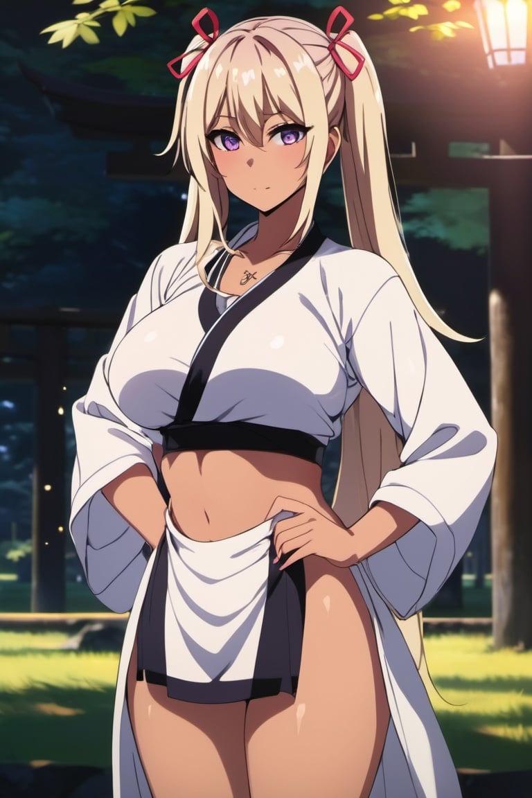 beautiful woman with bright blonde hair,dankini, twin braids, white shirt, full body, at a Japanese park, caucasian, dramatic lighting,high contrast, anime, oil on canvas