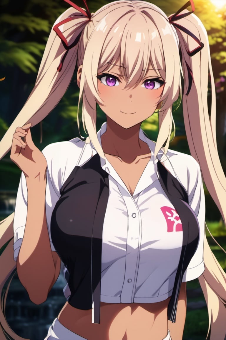 beautiful woman with bright blonde hair,dankini, twin braids, white shirt, full body, at a Japanese park, caucasian, dramatic lighting,high contrast, anime, oil on canvas