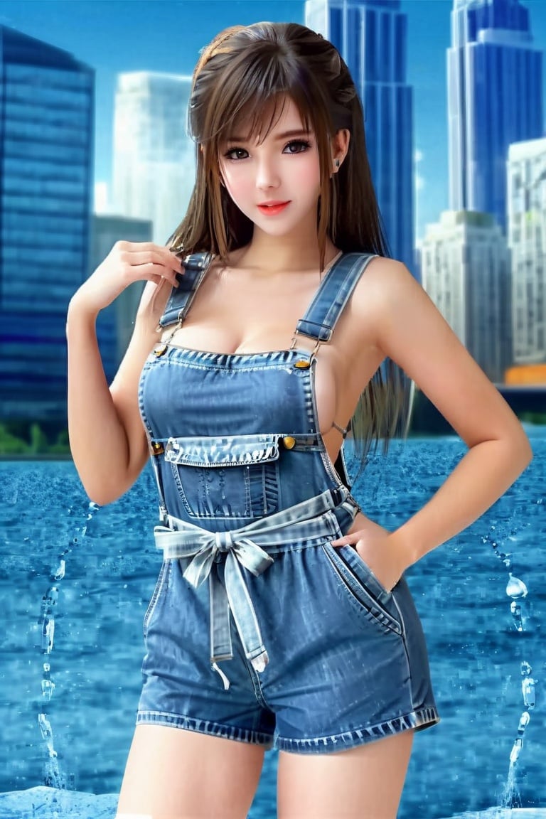 solo, 1girl, overalls, tan lines, tan, shorts, naked overalls,Masterpiece, best quality, high definition,beautiful face, beautiful eyes, maiden, ,(city,water:1.5),breasts,Ice and snow background,