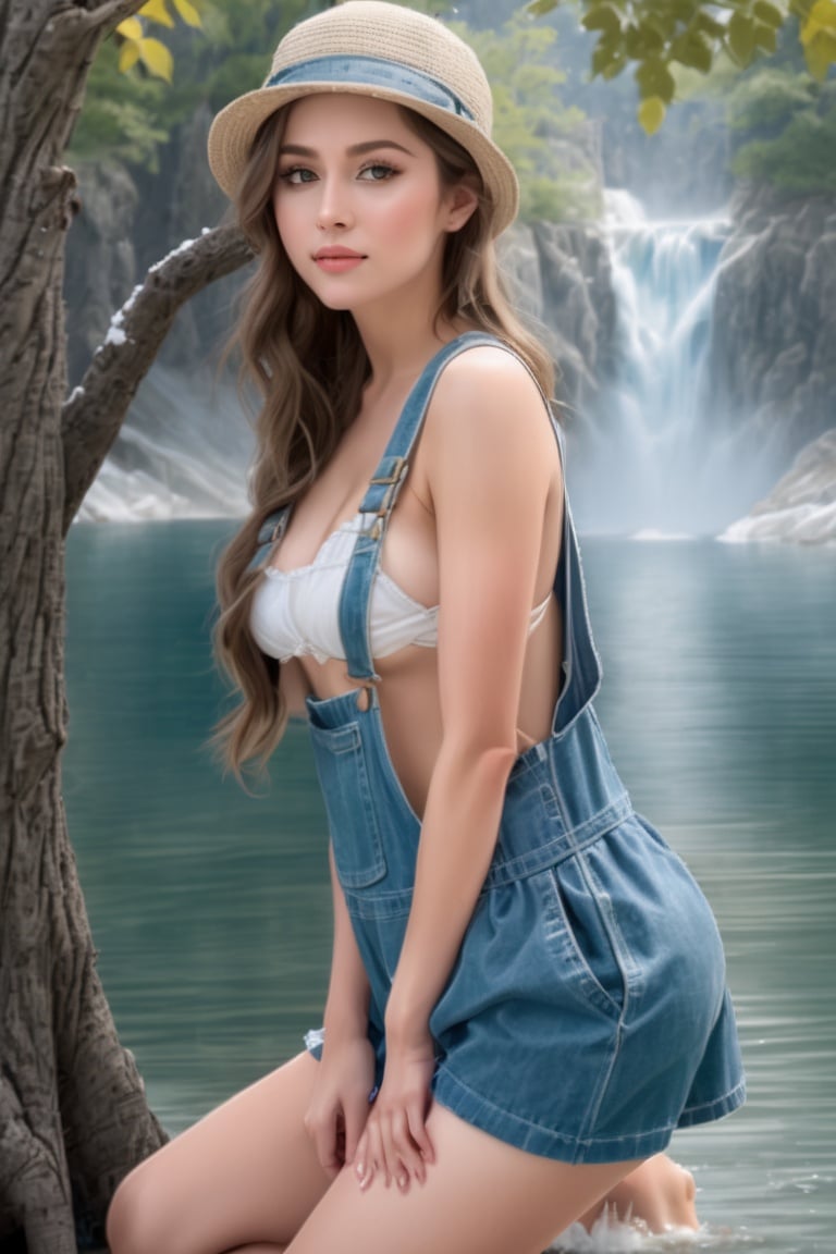 solo, 1girl, overalls, tan lines, tan, shorts, naked overalls,Masterpiece, best quality, high definition,beautiful face, beautiful eyes, maiden, ,(tree,water:1.5),breasts,Ice and snow background,