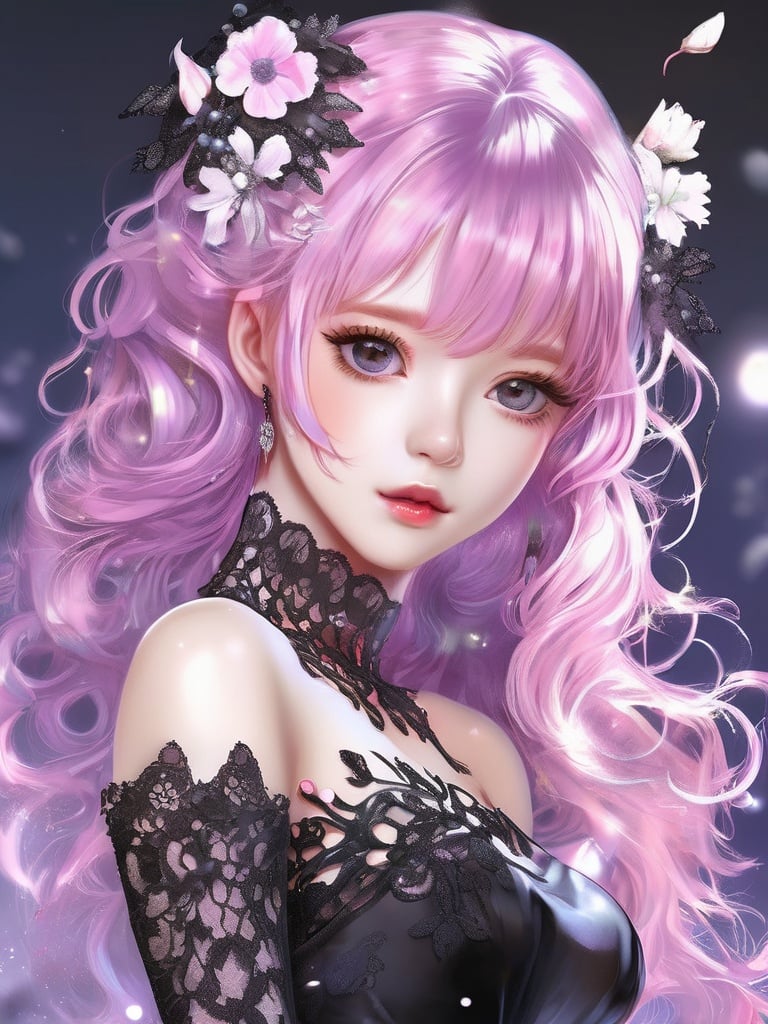 (8k, best quality, masterpiece), (ultra-detailed:1.1), (high detailed skin),(full body:1.1),black lace dress, black dress, cute,,1girl,pink hair, hair ornament,(fashion make up), dress, hair ornament, long hair, purple eyes, pink hair, bangs, pantyhose, detached sleeves, hair stick, colorgalaxy,Frosty anime style,m-girl,, <lora:anime test2:0.75>