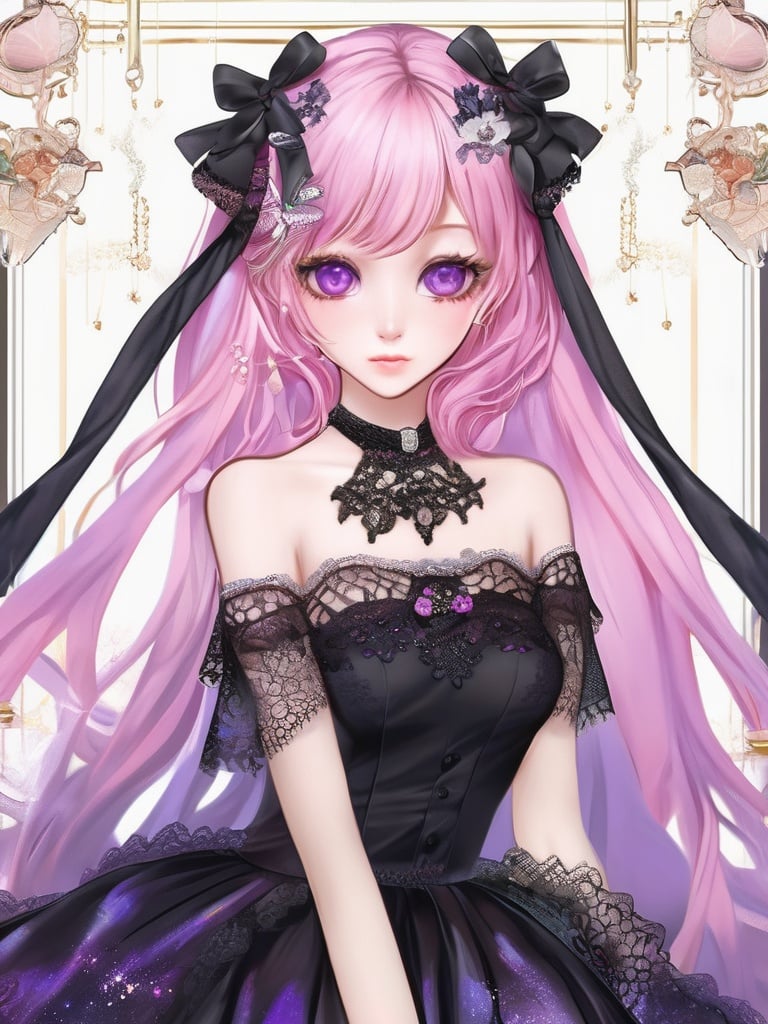 (8k, best quality, masterpiece), (ultra-detailed:1.1), (high detailed skin),(full body:1.1),black lace dress, black dress, cute,,1girl,pink hair, hair ornament,(fashion make up), dress, hair ornament, long hair, purple eyes, pink hair, bangs, pantyhose, detached sleeves, hair stick, colorgalaxy,Frosty anime style,m-girl,, <lora:anime test2:0.75>