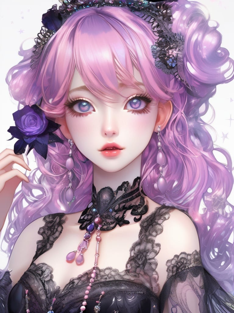 (8k, best quality, masterpiece), (ultra-detailed:1.1), (high detailed skin),(full body:1.1),black lace dress, black dress, cute,,1girl,pink hair, hair ornament,(fashion make up), dress, hair ornament, long hair, purple eyes, pink hair, bangs, pantyhose, detached sleeves, hair stick, colorgalaxy,Frosty anime style,m-girl,, <lora:anime test2:0.75>