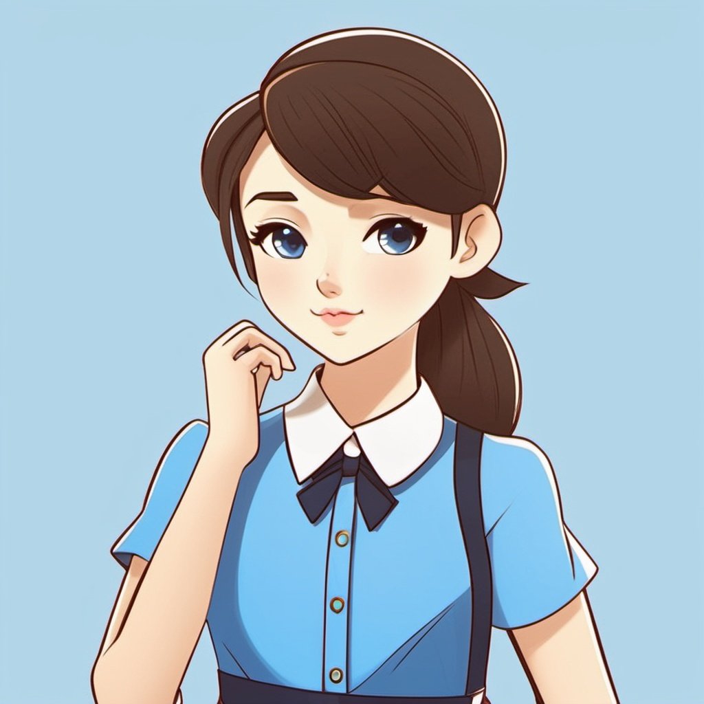 1girl, blue shirt,bow-tie,cartoon
