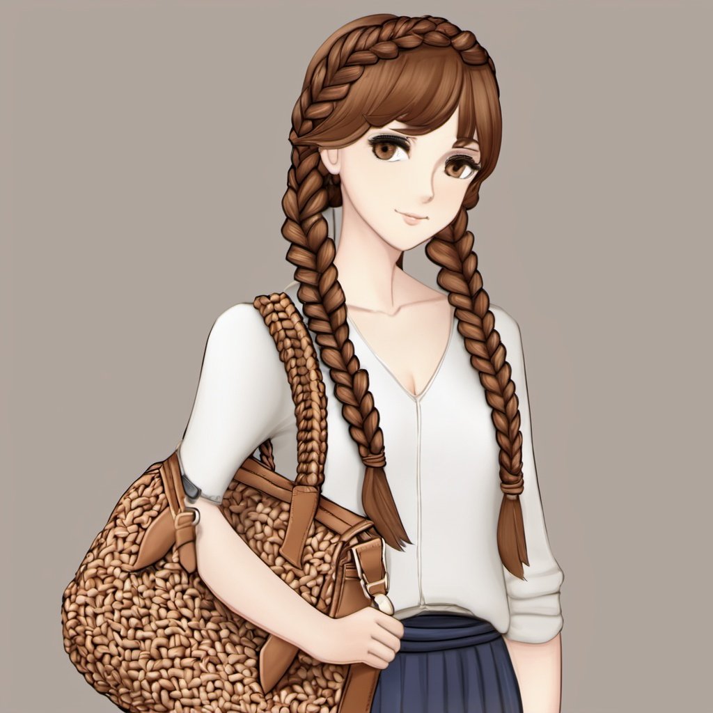 1girl, bag, braid, shoulder_bag, handbag, brown_hair,