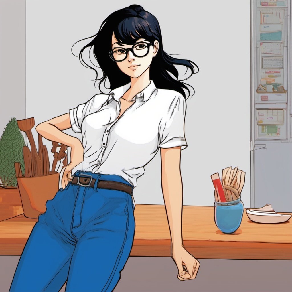 1girl, black hair,white shirt,blue pants,meatball hair,glasses,cartoon