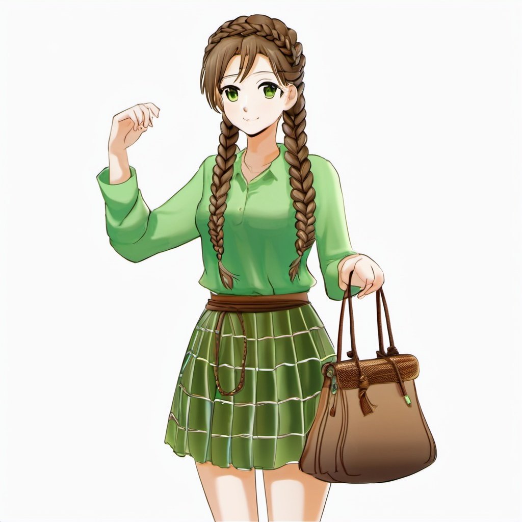 1girl, bag, braid, shoulder_bag, handbag, brown_hair, solo, green_skirt, simple_background, white_background, long_hair, twin_braids, skirt, long_sleeves