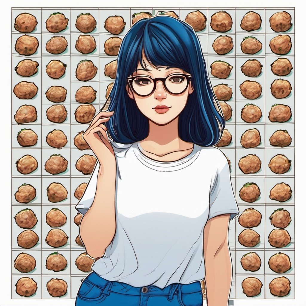 1girl, black hair,white t-shirt,blue pants,meatball hair,glasses,cartoon