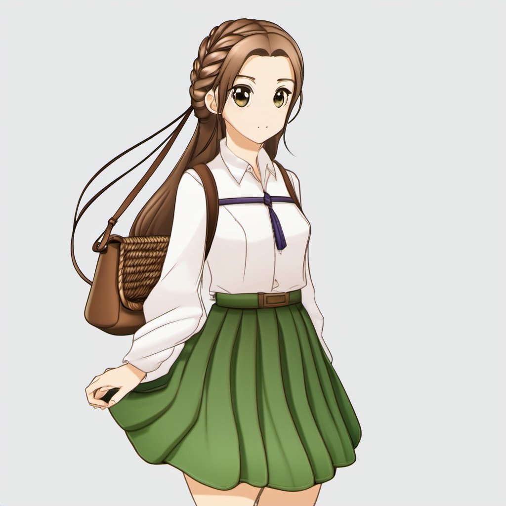 1girl, bag, braid, shoulder_bag, handbag, brown_hair, solo, green_skirt, simple_background, white_background, long_hair, twin_braids, skirt, long_sleeves