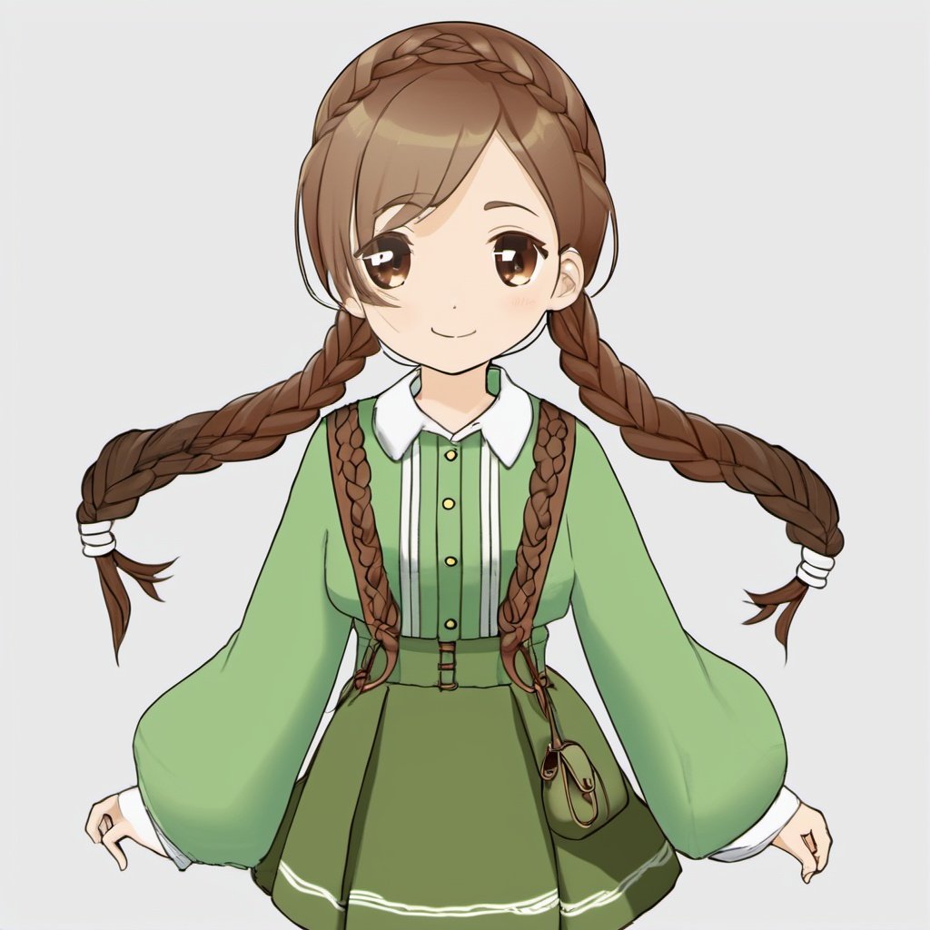 1girl, bag, braid, shoulder_bag, handbag, brown_hair, solo, green_skirt, simple_background, white_background, long_hair, twin_braids, skirt, long_sleeves