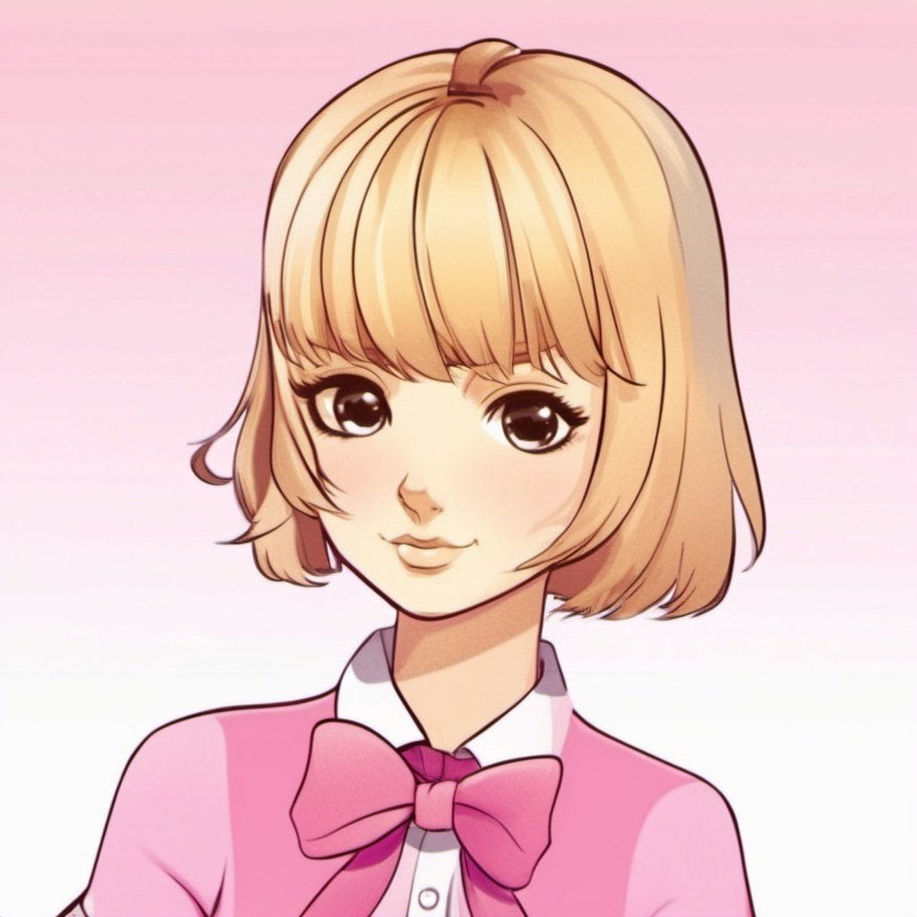 1girl, pink shirt,short hair,blond hair,bow-tie,cartoon
