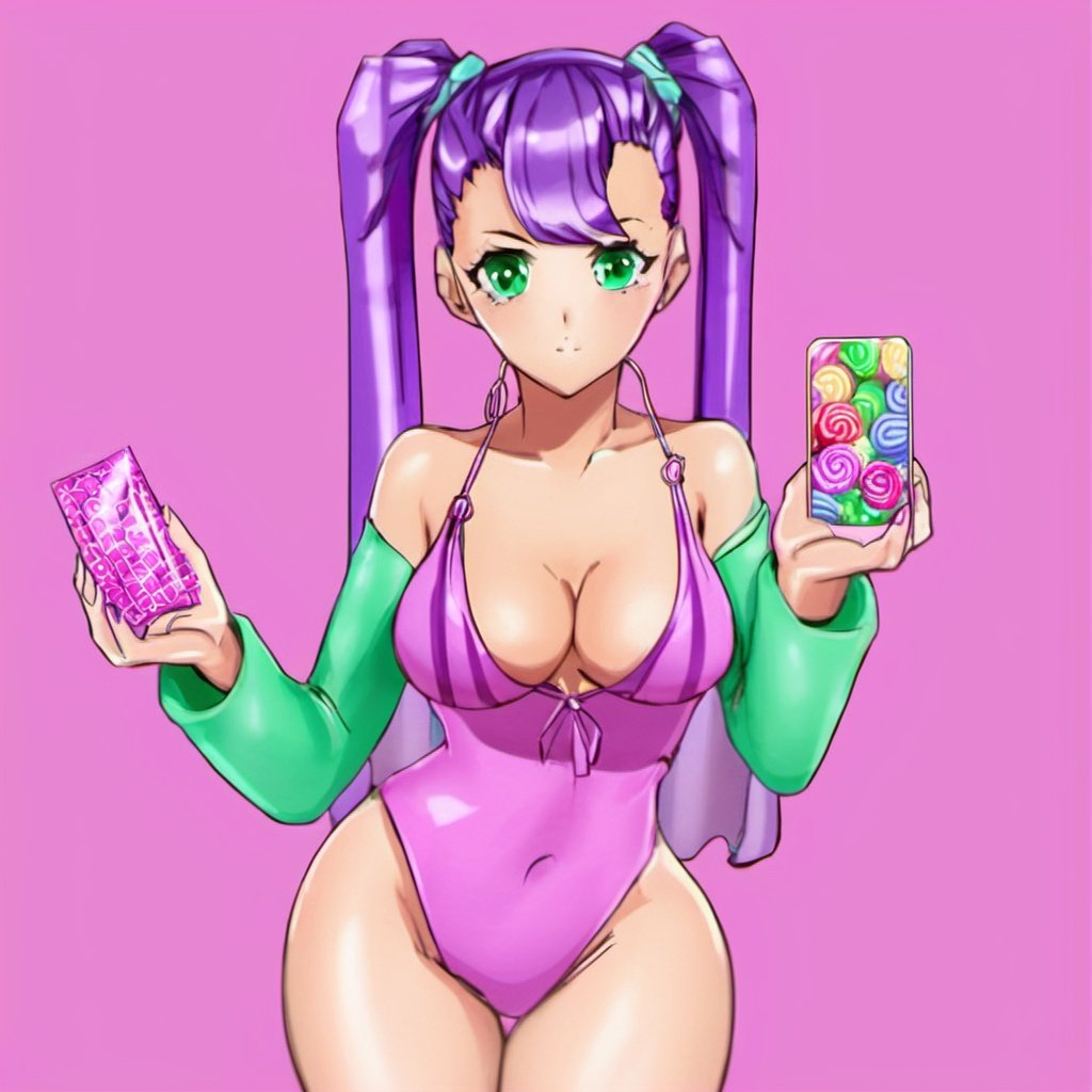 1girl, swimsuit, bikini, side-tie_bikini, solo, candy, condom_wrapper, condom, green_bikini, lollipop, purple_background, thighhighs, phone, nail_polish, aqua_bikini, breasts, earrings, pink_nails, cellphone, double_bun, navel