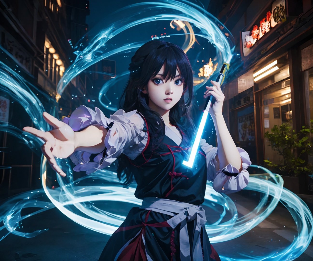 best quality, highres, anime,  light painting, blue light,  indorrs, holding magic stick, kung fu,  <lora:光绘摄影beta2:0.85> 