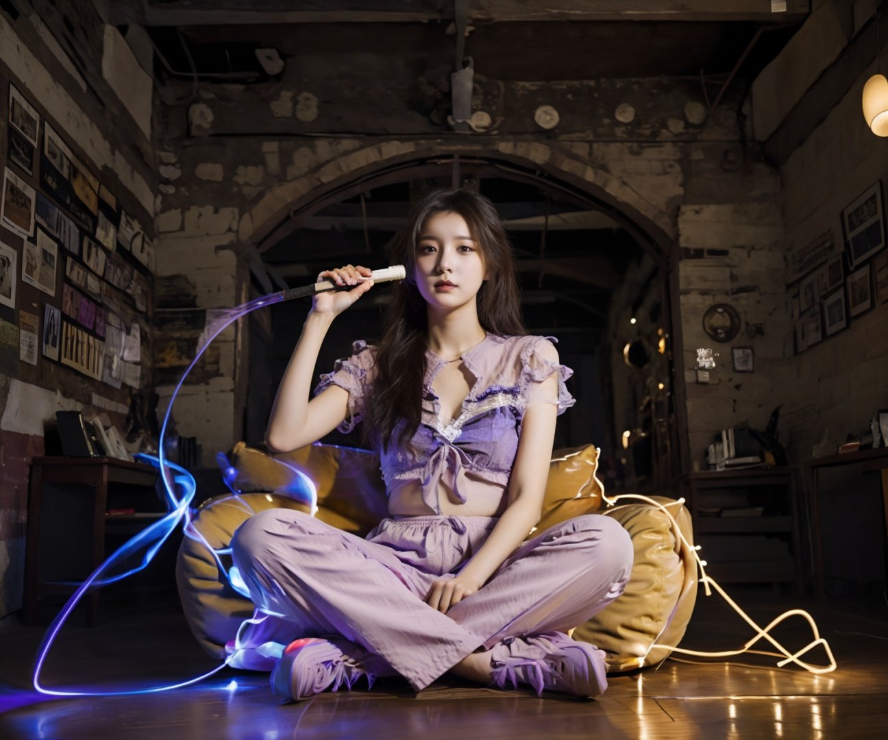 best quality, highres, light painting, purple light, outdorrs, 1girl, long shot, holding magic stick, sitting, sofa, <lora:光绘摄影beta2:0.85> 