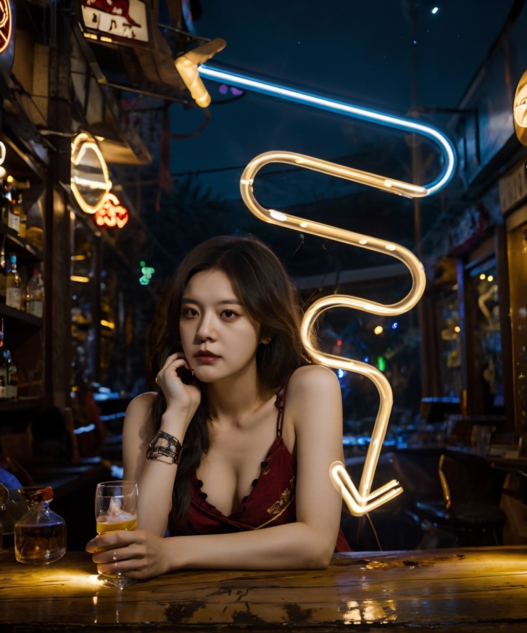 best quality, masterpiece, highres, light painting, bar, night, drinking, red light, cowboy shot, <lora:光绘摄影beta2:0.8>